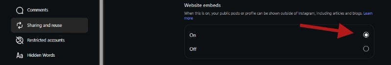 Instagram embedding settings