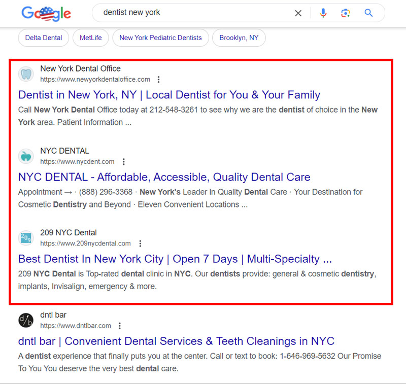 dental seo organic results