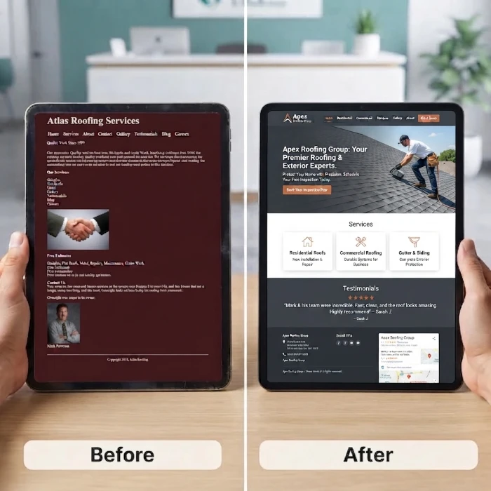 Roofing before and after website redesign example